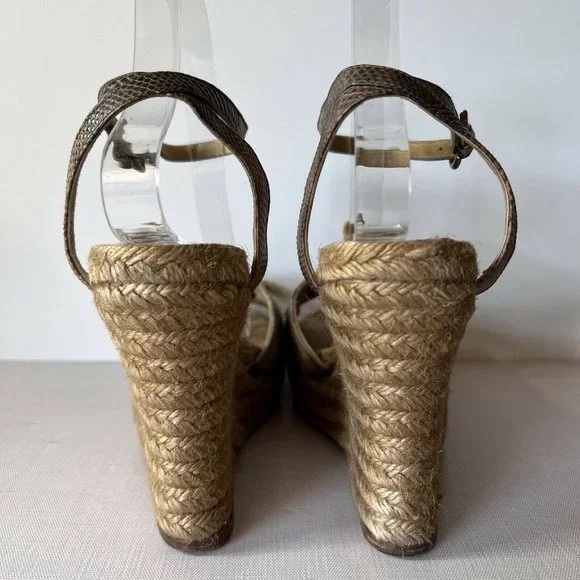 Burberry Plaid Jute Espadrille Wedge Sandal Snakeskin Ankle Strap Womens Size 39 - Picture 8 of 9